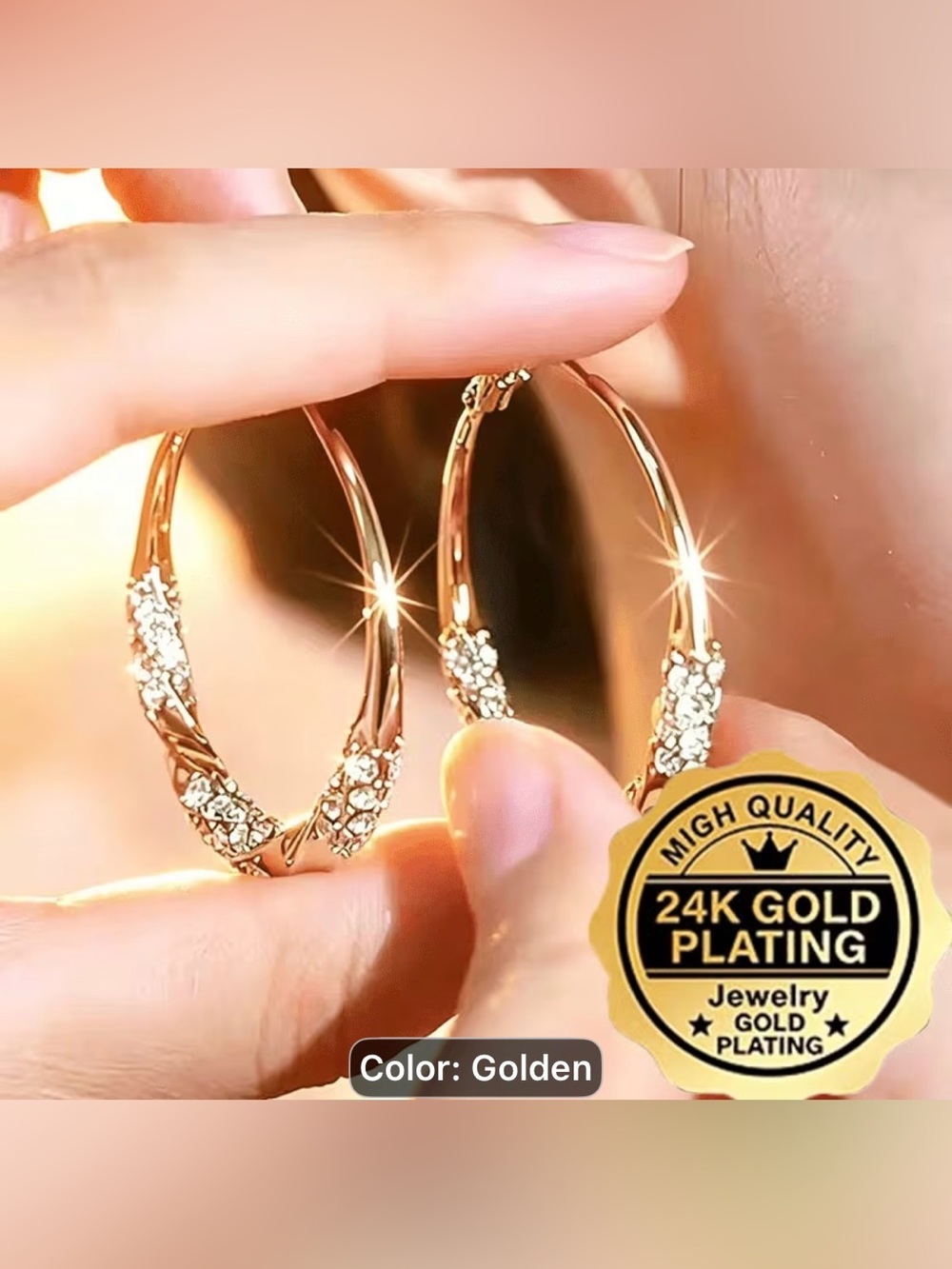Golden Crystal-Accented Hoop Earrings - Women Jewelry